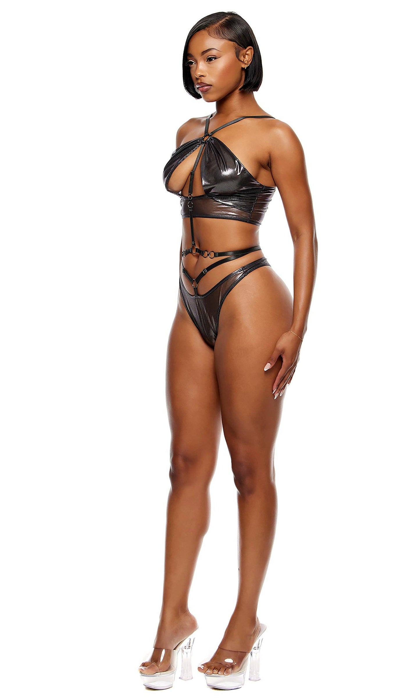 Liquid Metal Metallic Mesh Halterneck Bra Lingerie Set