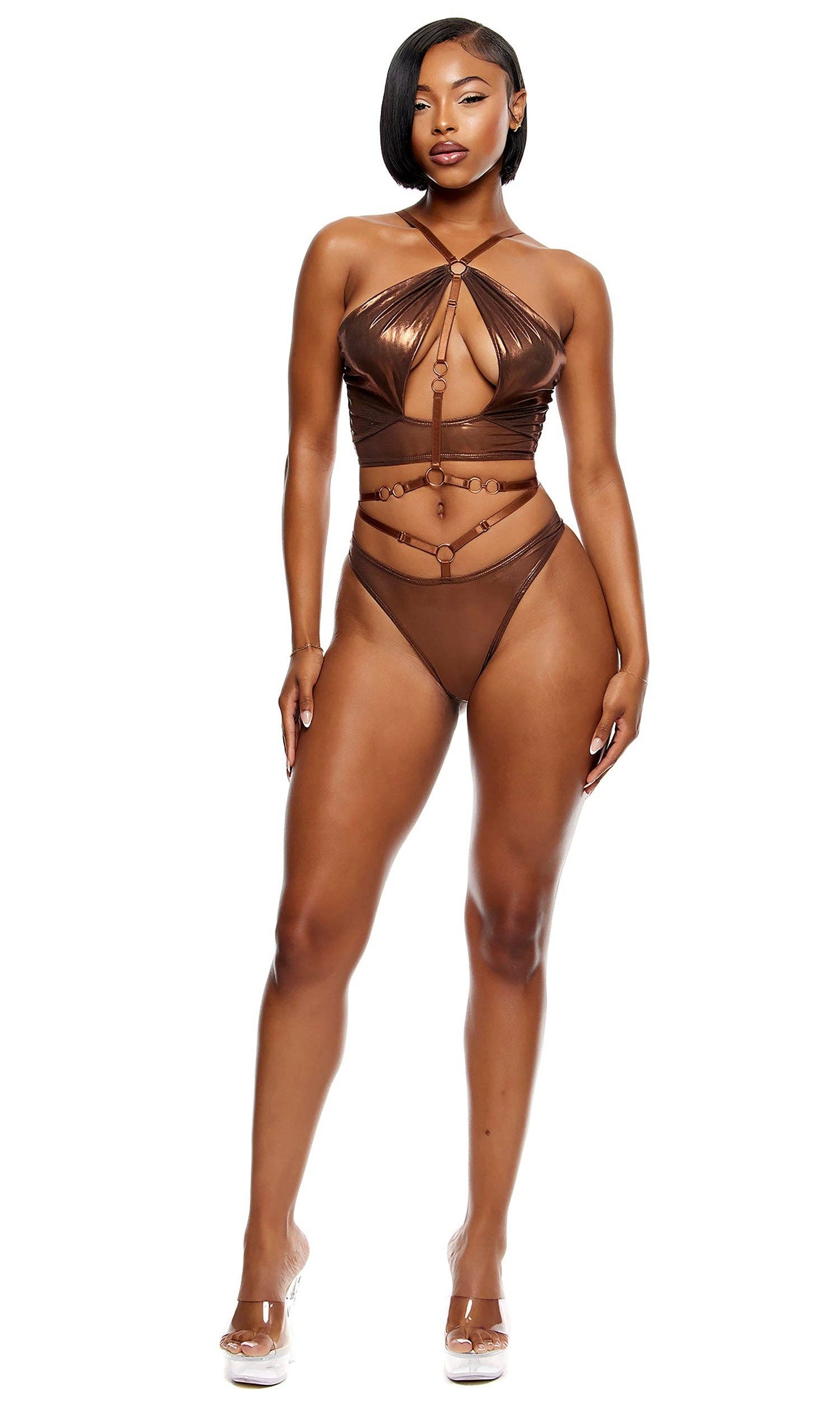 Liquid Metal Metallic Mesh Halterneck Bra Lingerie Set - Copper: Copper / S