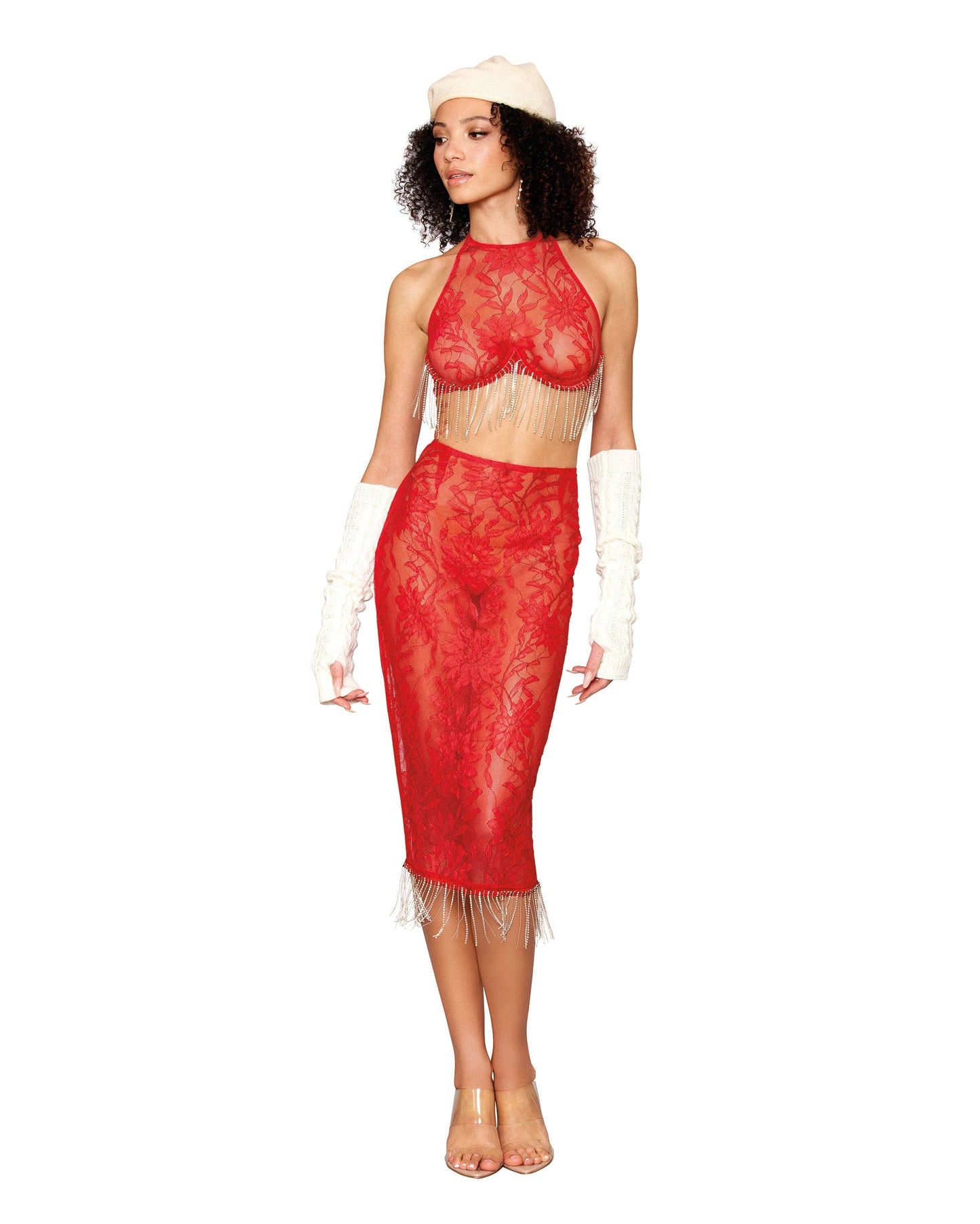 Ruby Siren Skirt and Bra Rhinestone Lace Set