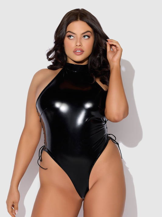 TRINITY PATENT LACE UP HALTER TEDDY: Black / 1X/2X
