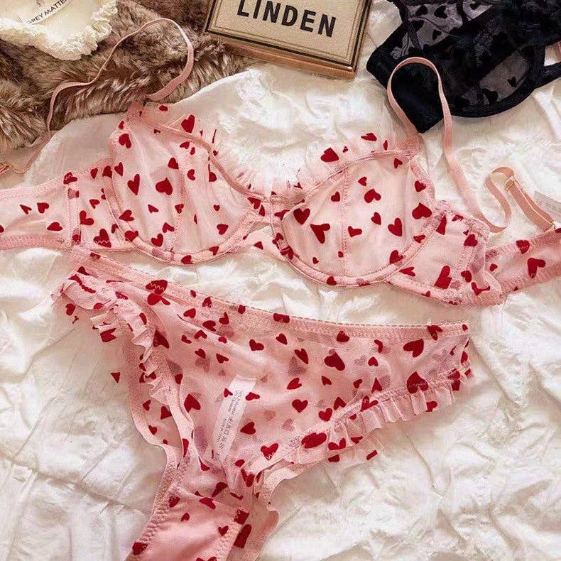 Ladies Heart Embroidery See Through 2PCS Lingerie Set SKLG4065: Pink / XL
