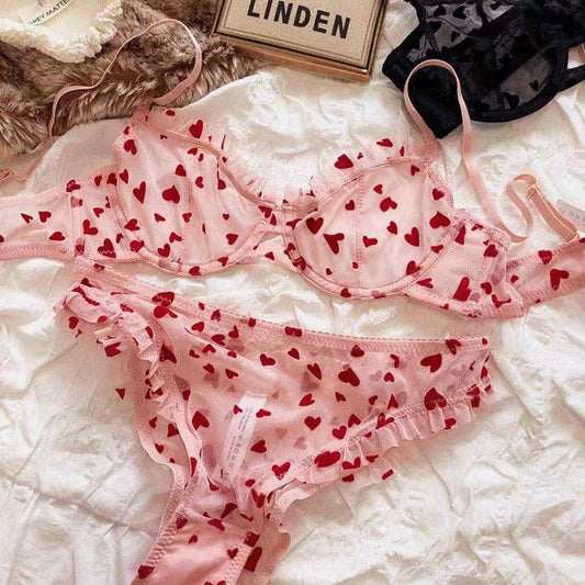 Ladies Heart Embroidery See Through 2PCS Lingerie Set SKLG4065: Pink / XL