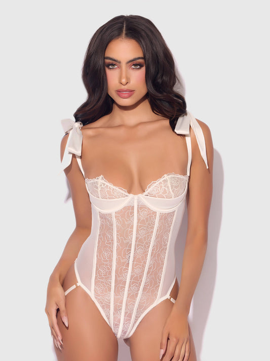ROSALIE BRIDAL EMBROIDERED LACE TEDDY: PEARL IVORY / M