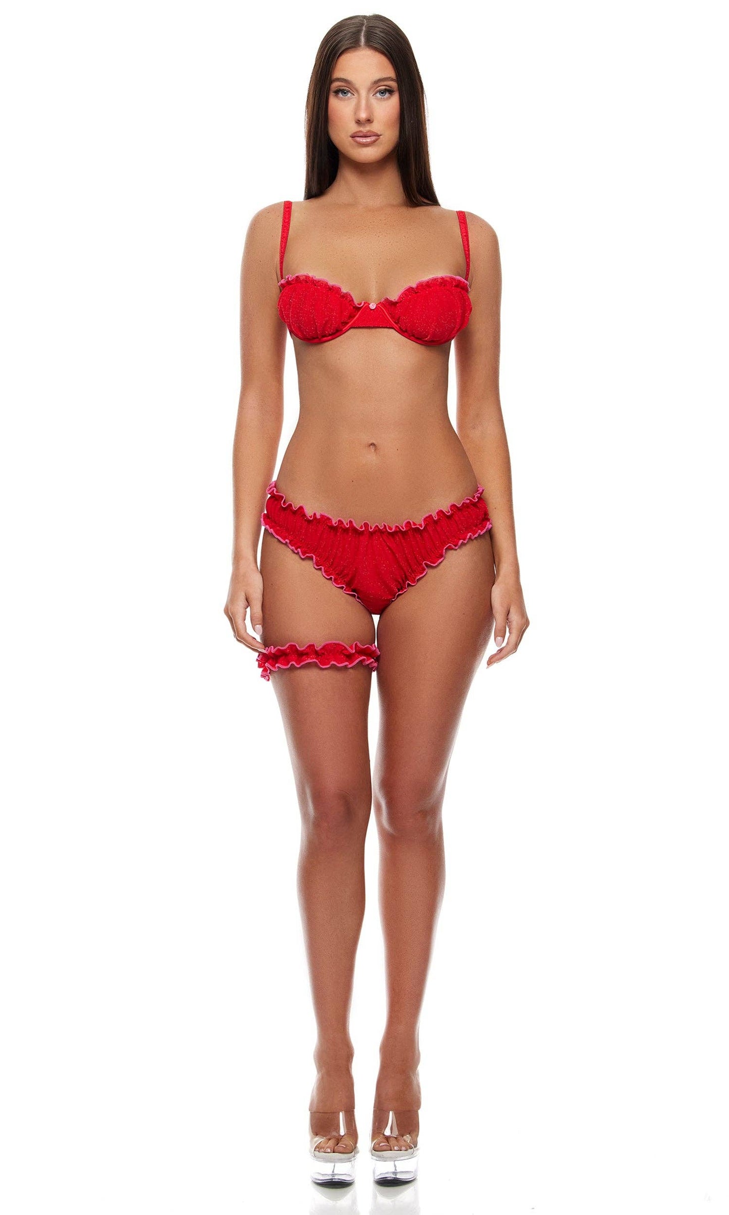 Shimmer Nights Ruched Bra Lingerie Set: Red Pink / M