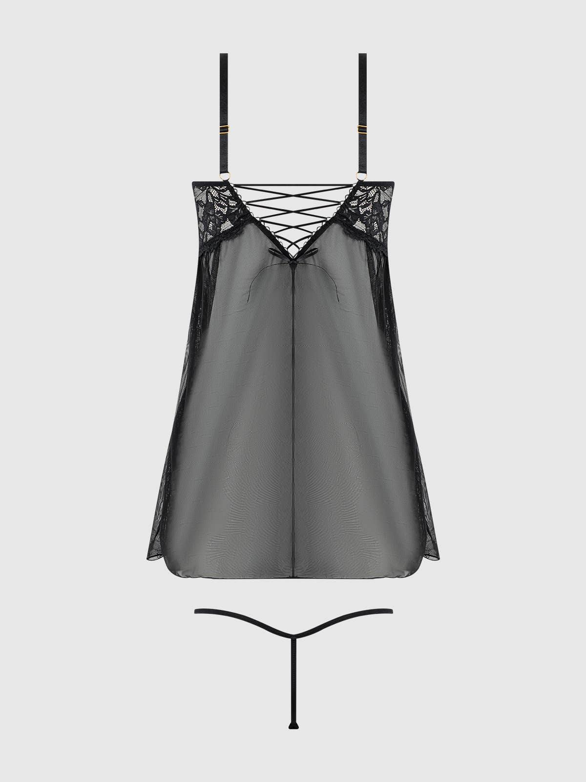 BELLA LACE & MESH BABYDOLL & G-STRING SET: Black / XXL