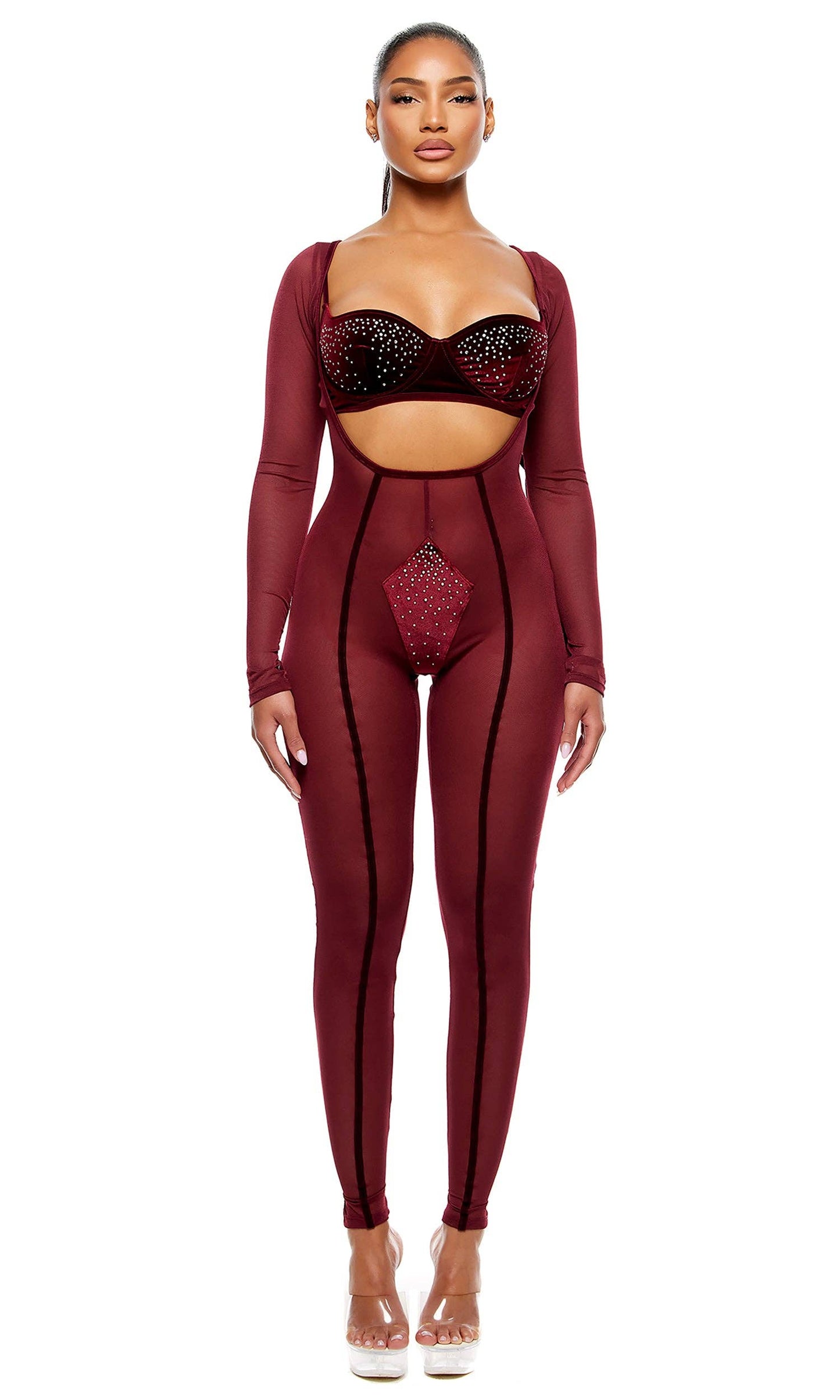 Caught Your Eye Velvet Rhinestone Jumpsuit Lingerie Set - Wine: Wine / M