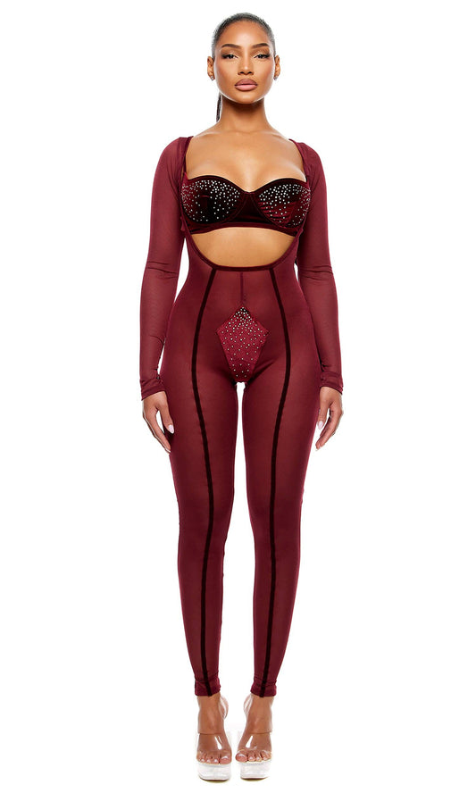 Caught Your Eye Velvet Rhinestone Jumpsuit Lingerie Set - Wine