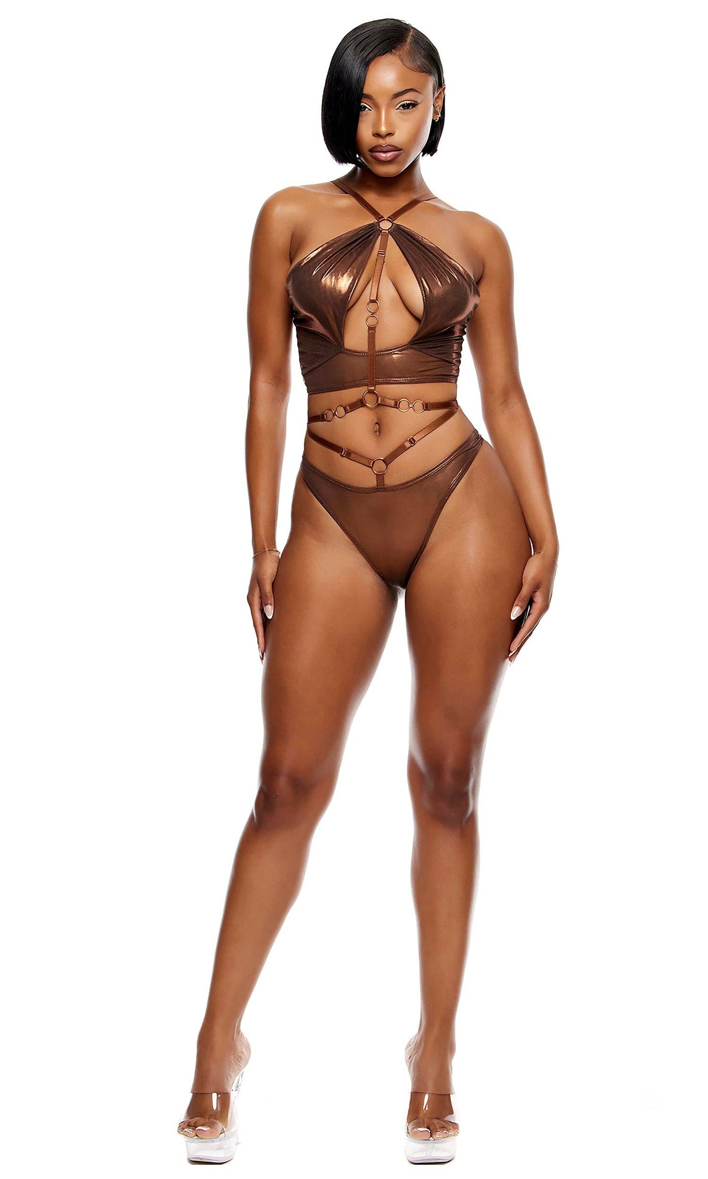 Liquid Metal Metallic Mesh Halterneck Bra Lingerie Set - Copper: Copper / XS