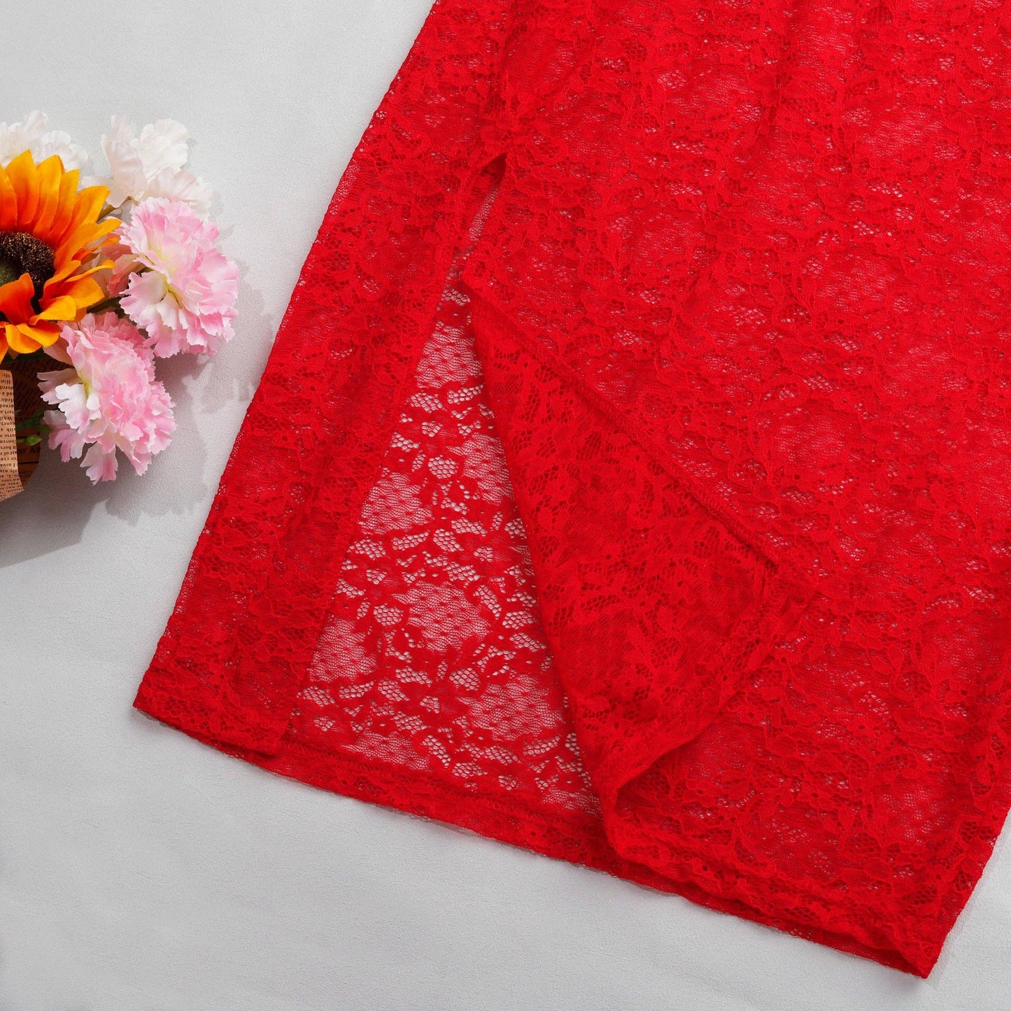 Lucky Floral Lace Side Split Lingerie Chemise Set