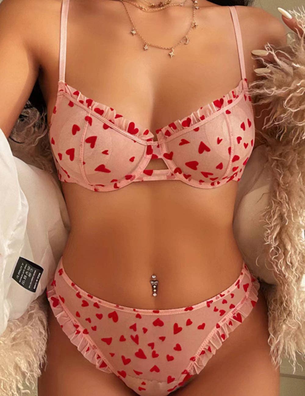Ladies Heart Embroidery See Through 2PCS Lingerie Set SKLG4065: Pink / XL