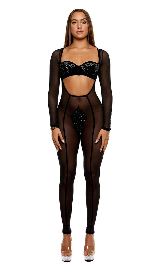 Caught Your Eye Velvet Rhinestone Jumpsuit Lingerie Set - Black: Black / L