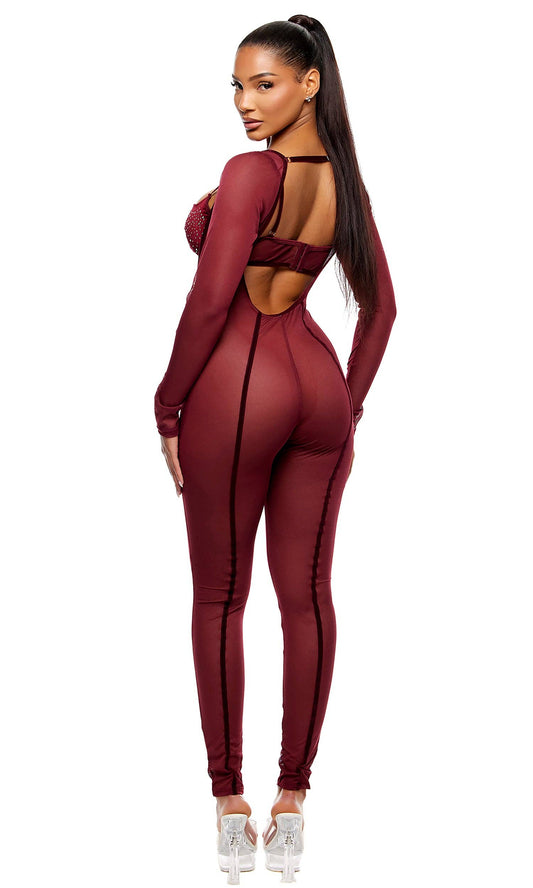 Caught Your Eye Velvet Rhinestone Jumpsuit Lingerie Set - Wine: Wine / L