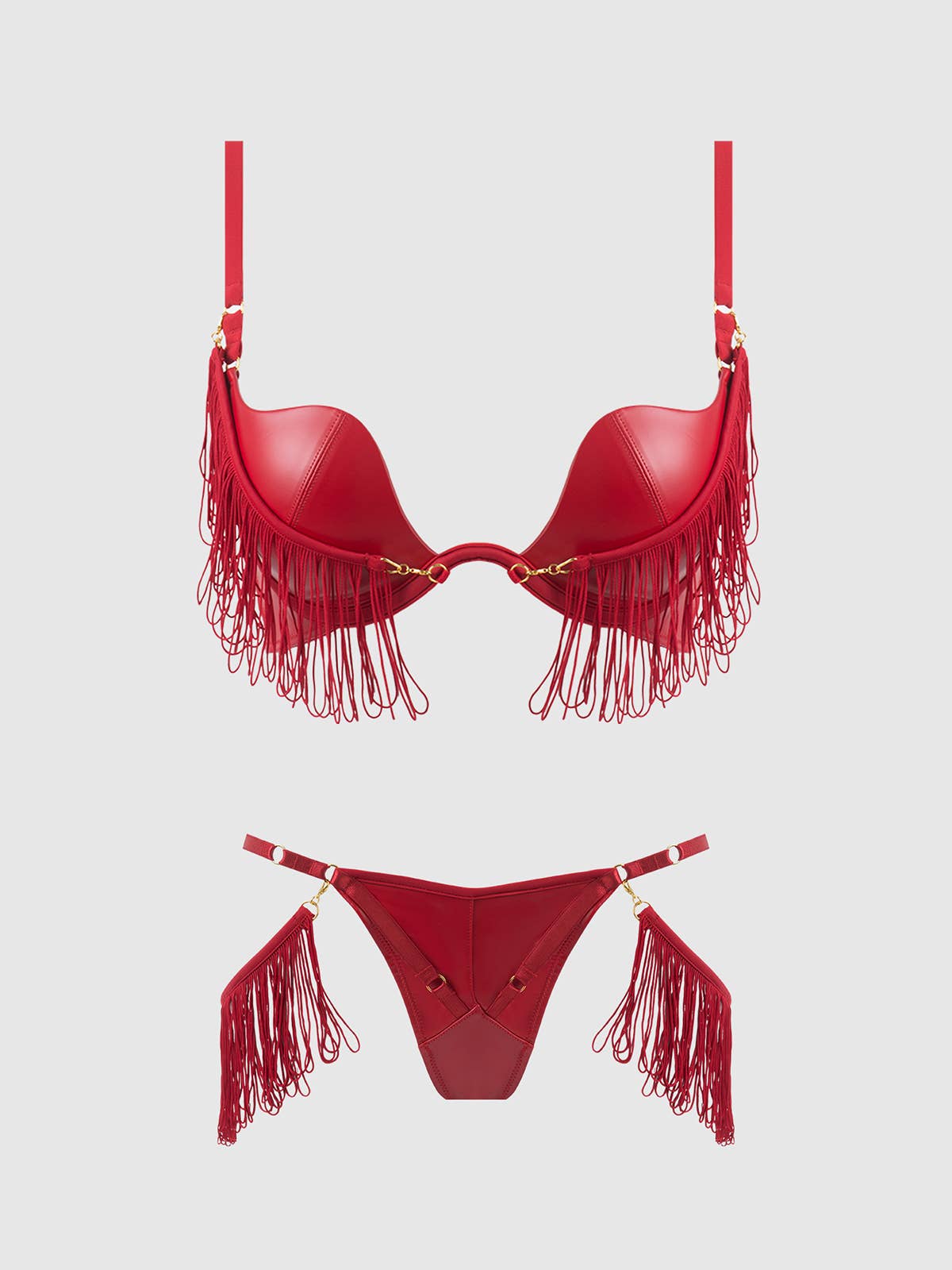 PHOENIX FAUX LEATHER & FRINGE PUSH UP BRA & THONG SET: Crimson Red