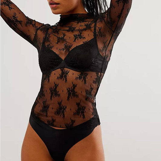 Lux Layering Floral Lace See Through Mesh Top Blouse SKT151: Black / L