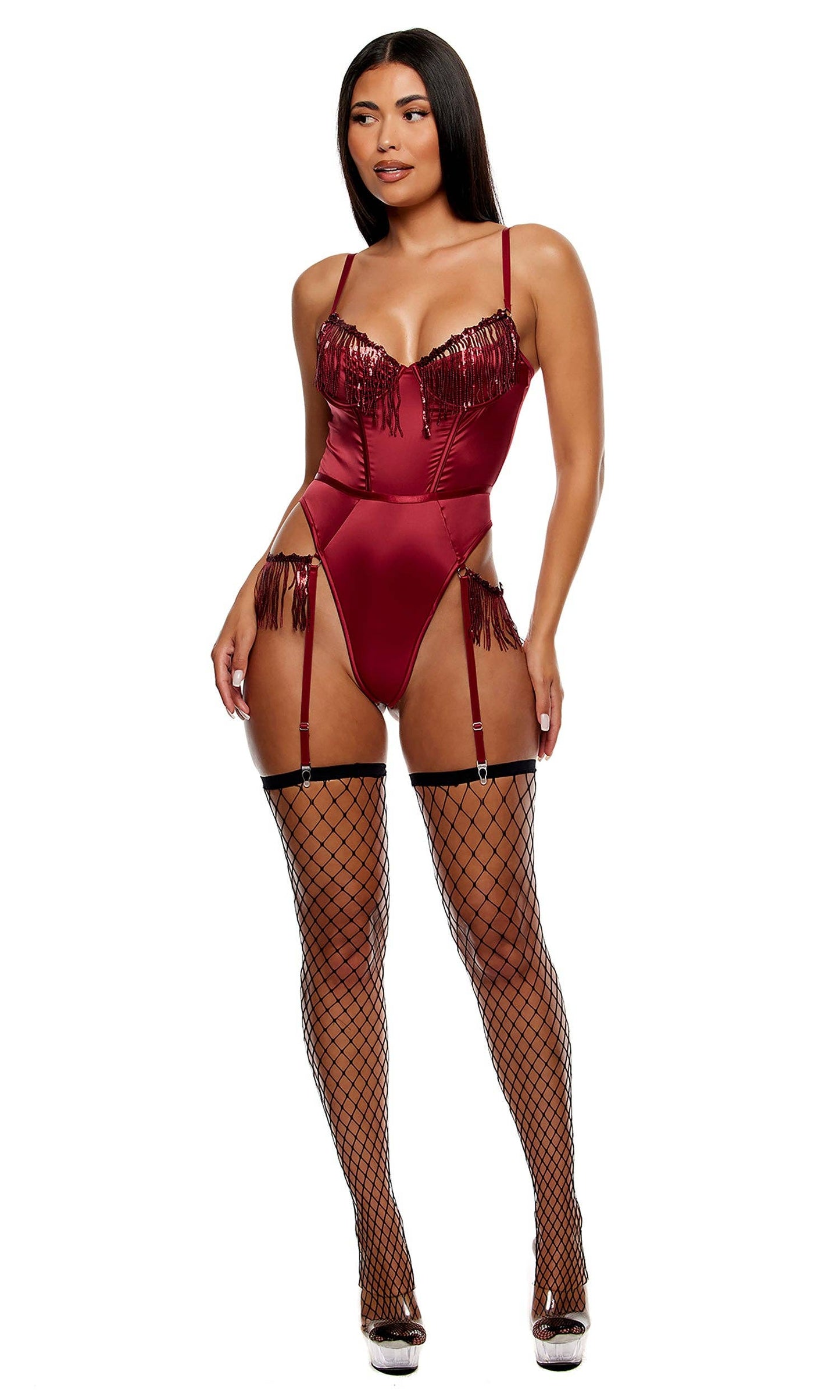 Peep Show Sequin Fringe Teddy - Wine: Wine / M