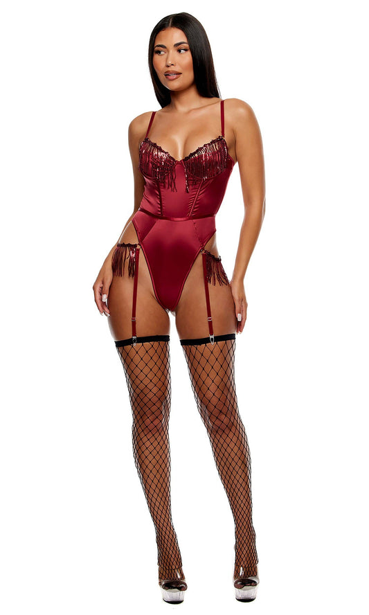 Peep Show Sequin Fringe Teddy - Wine: Wine / M