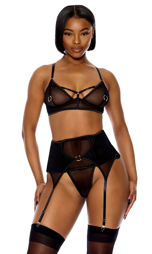 Piercing Desire Mesh Bra and Waist Cincher Lingerie Set - Black: Black / M