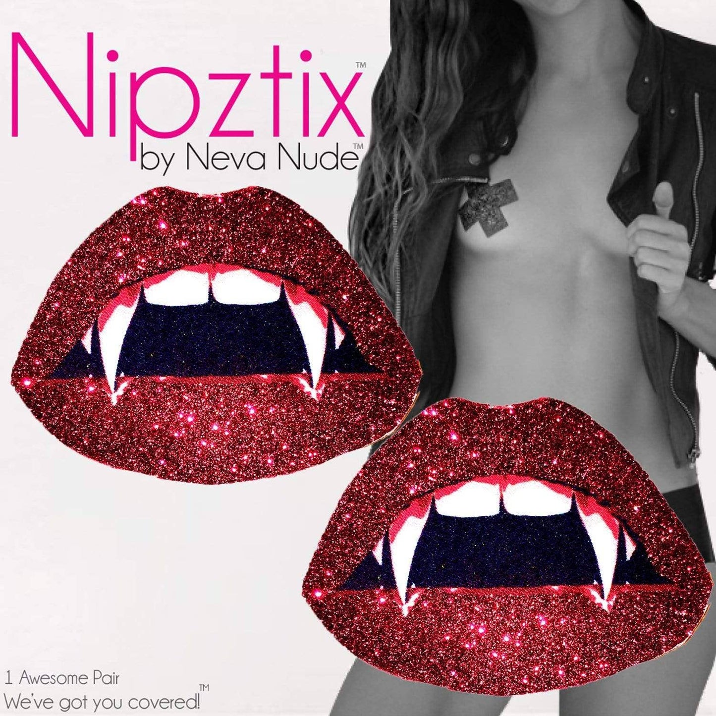 Vampire Fang Red Glitter Lip Blacklight Nipple Cover Pasties: Red / O/S