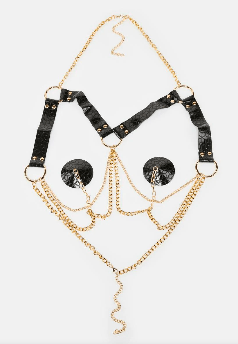Domina Black Gold Chain Harness Reusable Silicone Nipple Cover Pasties: Black / O/S