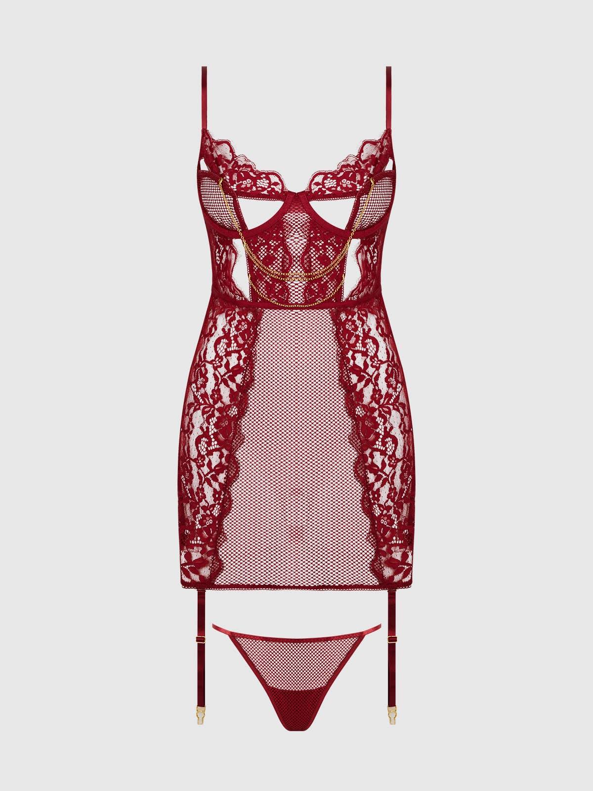 DEZI LACE & CHAIN CHEMISE THONG SET