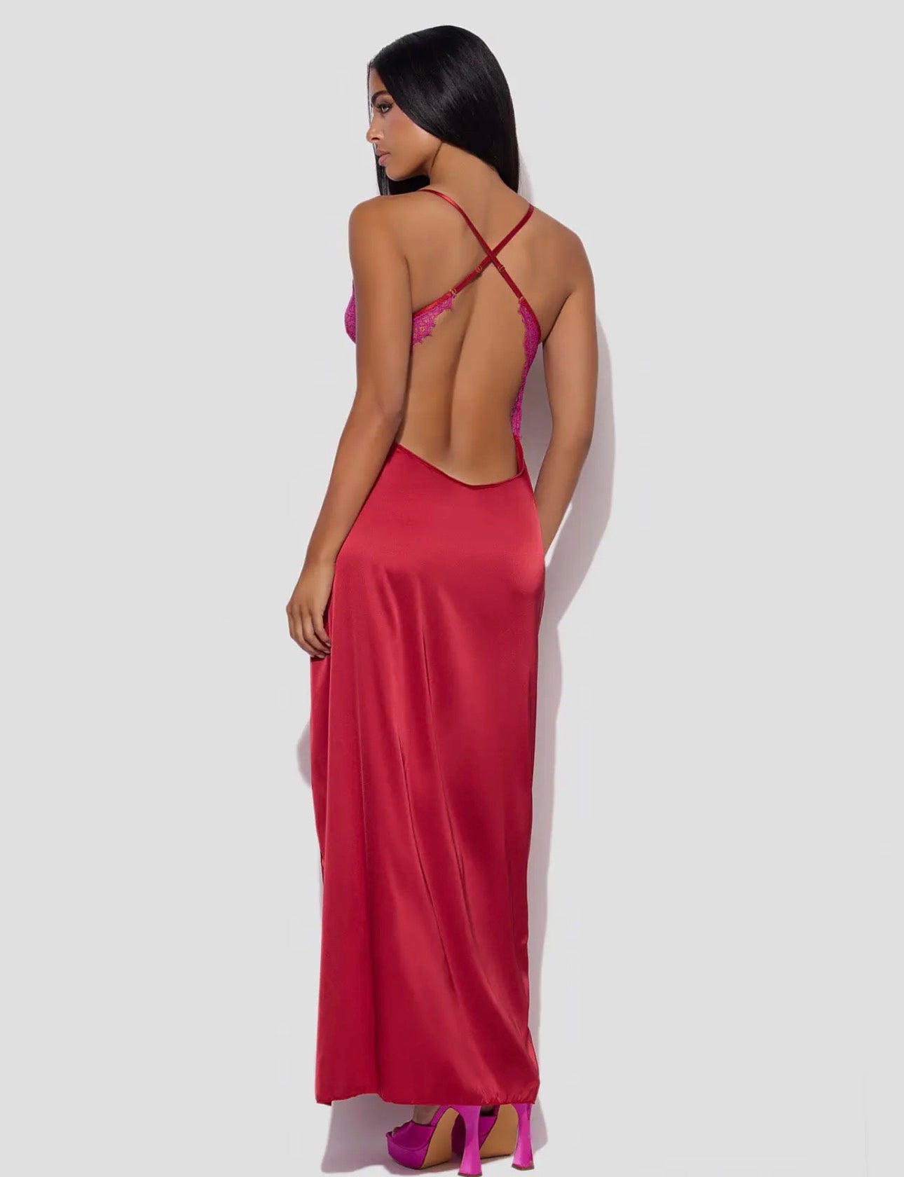 Jocelyn Satin and lace long high slit gown