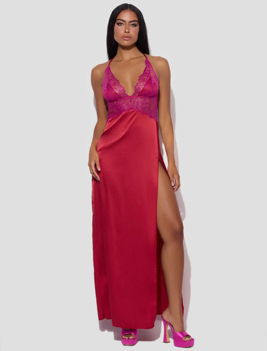 Jocelyn Satin and lace long high slit gown