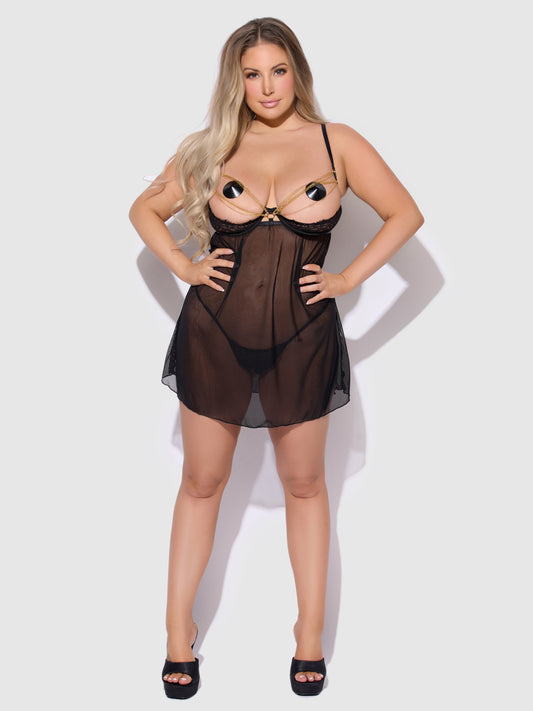 Eve Lace, Chain & Mesh Open Cup Babydoll & G-String Set/1X-2XL