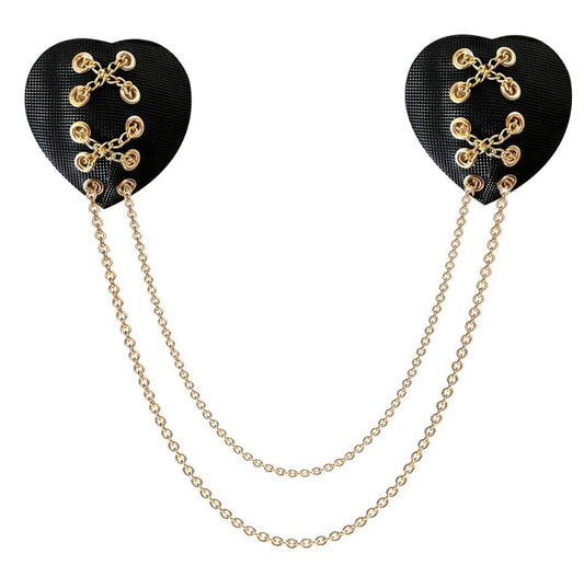 Unbreak My Heart Black Stitched Heart With Gold Chains Reusable Nipple Cover Pasties: Black / O/S