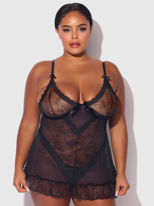 KIKI LACE BABYDOLL & G-STRING SET: BLACK / 3X/4X