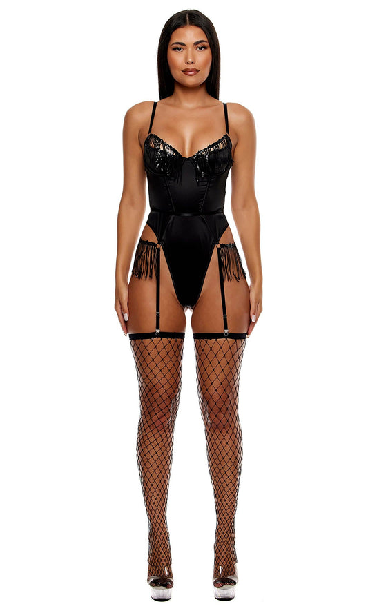 Peep Show Sequin Fringe Teddy - Black: Black / L
