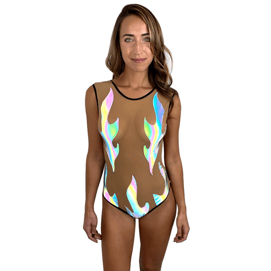 Rainbow Reflective Inferni Black Flame Nude Mesh One Piece BodySuit: Rainbow Reflective / S