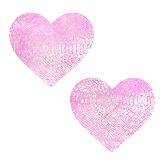 Bubble Gum Pink Blacklight Iridescent Snake Skin Heart Nipple Cover Pasties: Pink / One Size