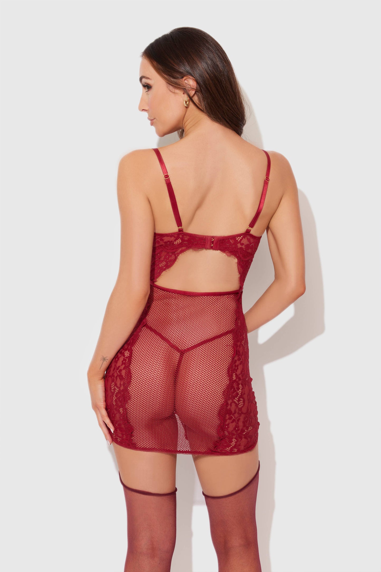 DEZI LACE & CHAIN CHEMISE THONG SET