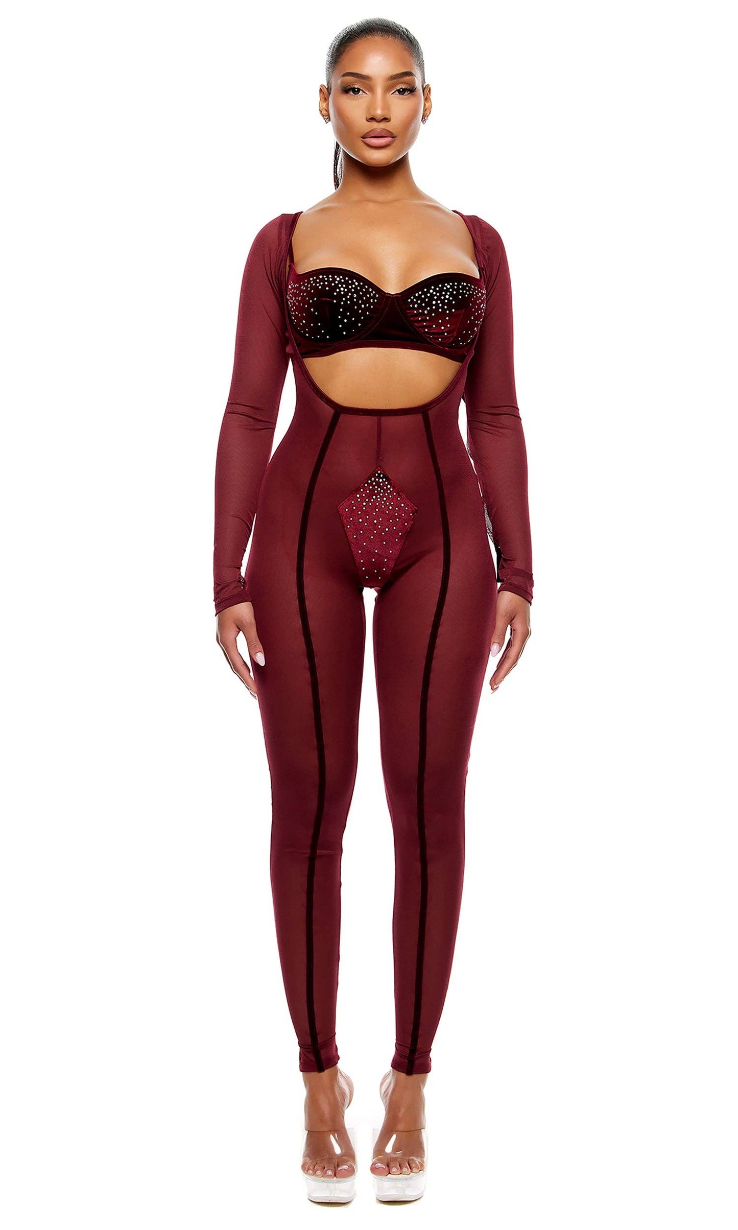 Caught Your Eye Velvet Rhinestone Jumpsuit Lingerie Set - Wine: Wine / M