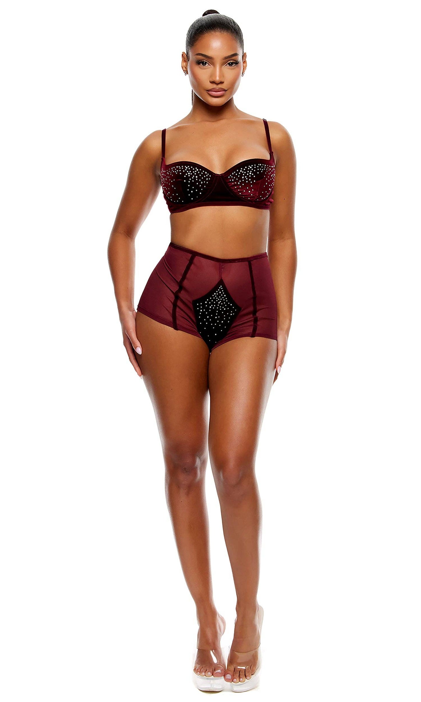 Caught Your Eye Velvet Rhinestone Bra and Briefs Lingerie Set - Wine: Wine / M