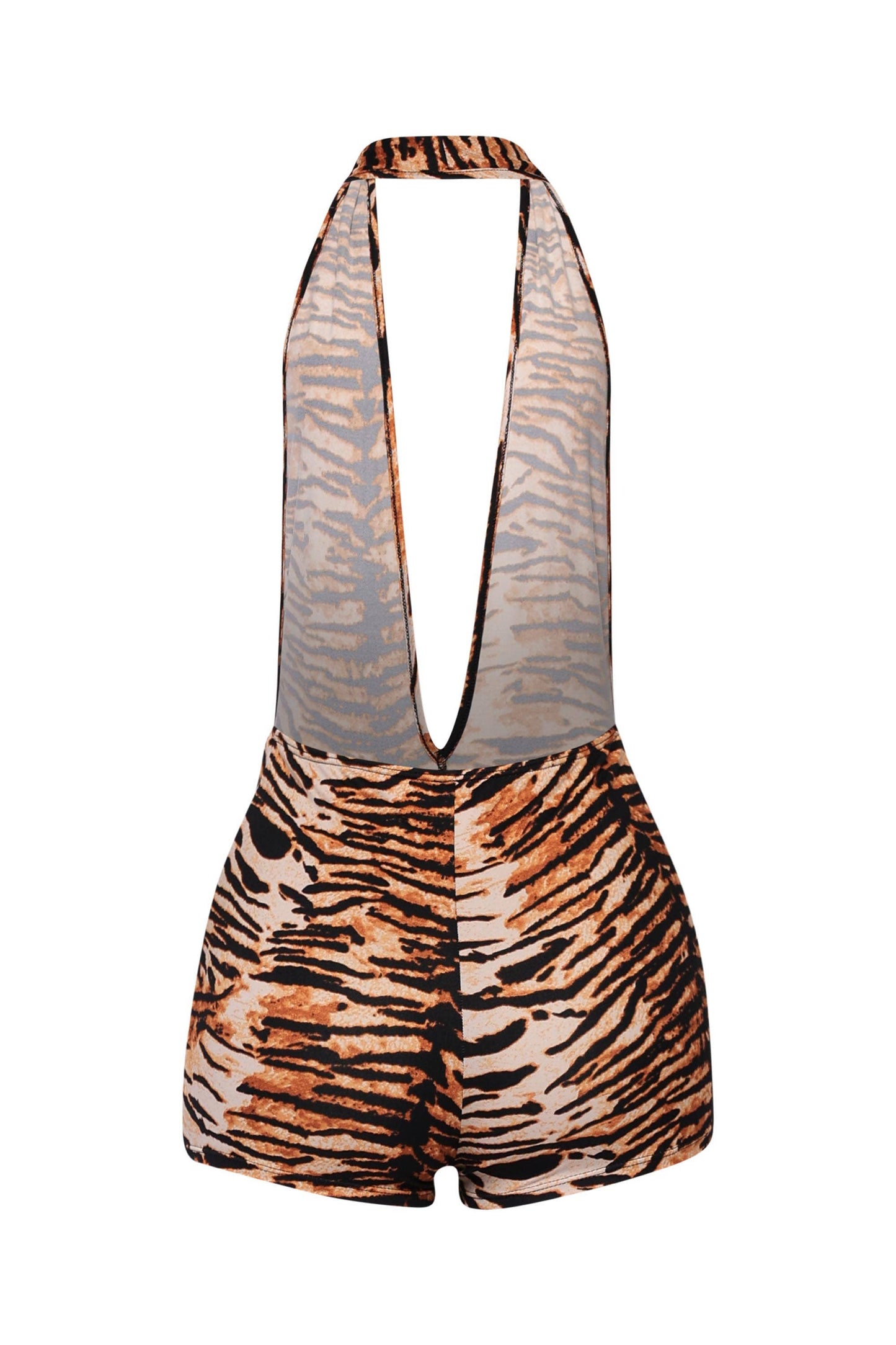 Low rise deep halter neck romper: TIGER / S