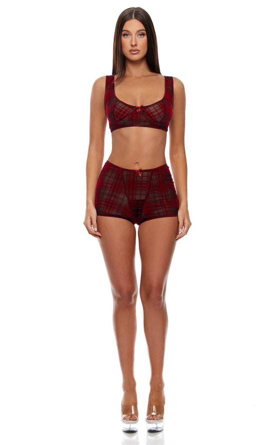 Velvet Vibes Plaid Mesh Bralette and Briefs Lingerie Set