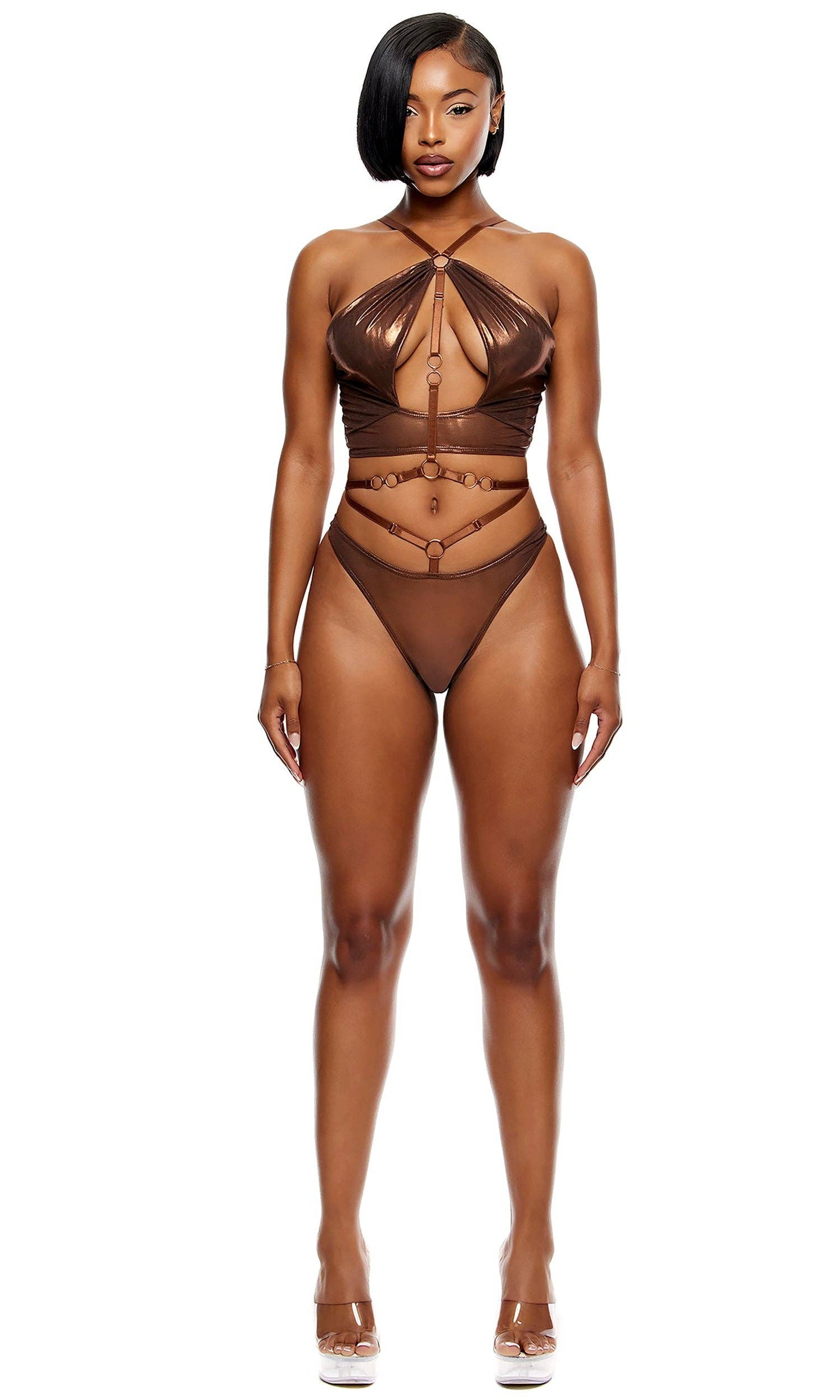 Liquid Metal Metallic Mesh Halterneck Bra Lingerie Set - Copper: Copper / S
