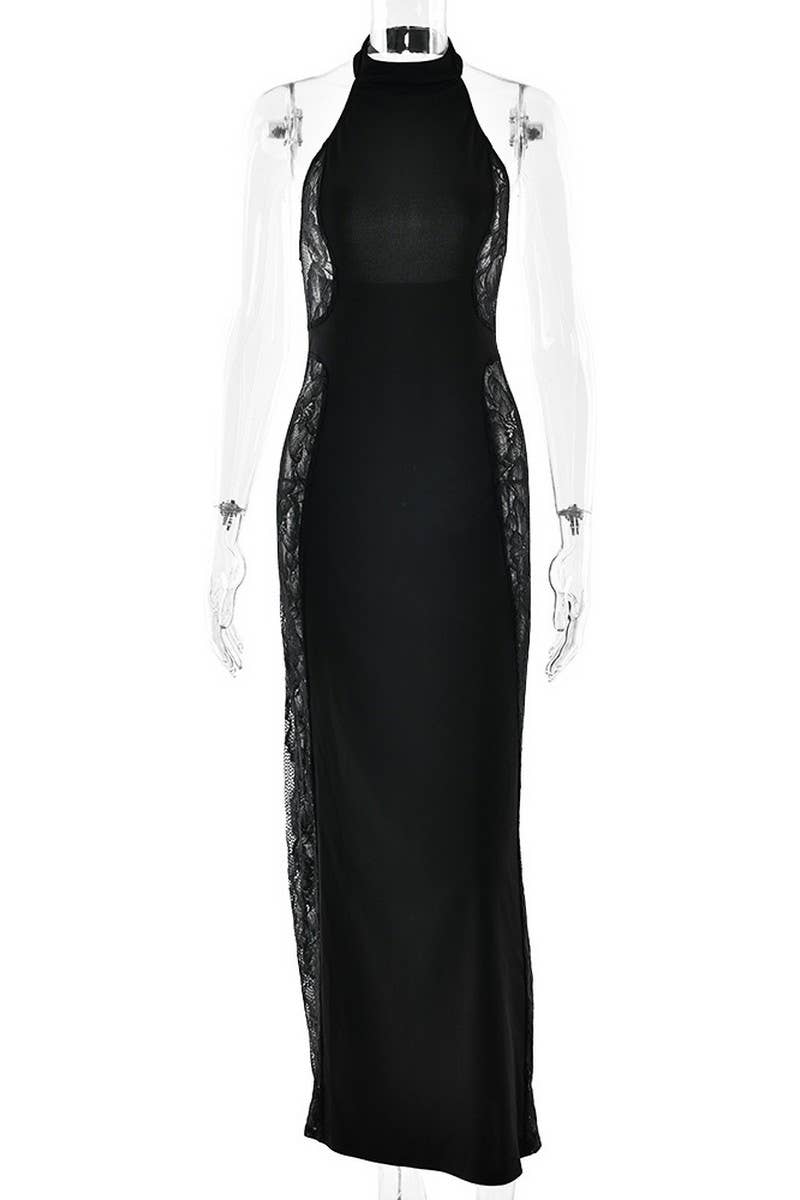 HALTER SHEER LACE BODYCON MAXI DRESS