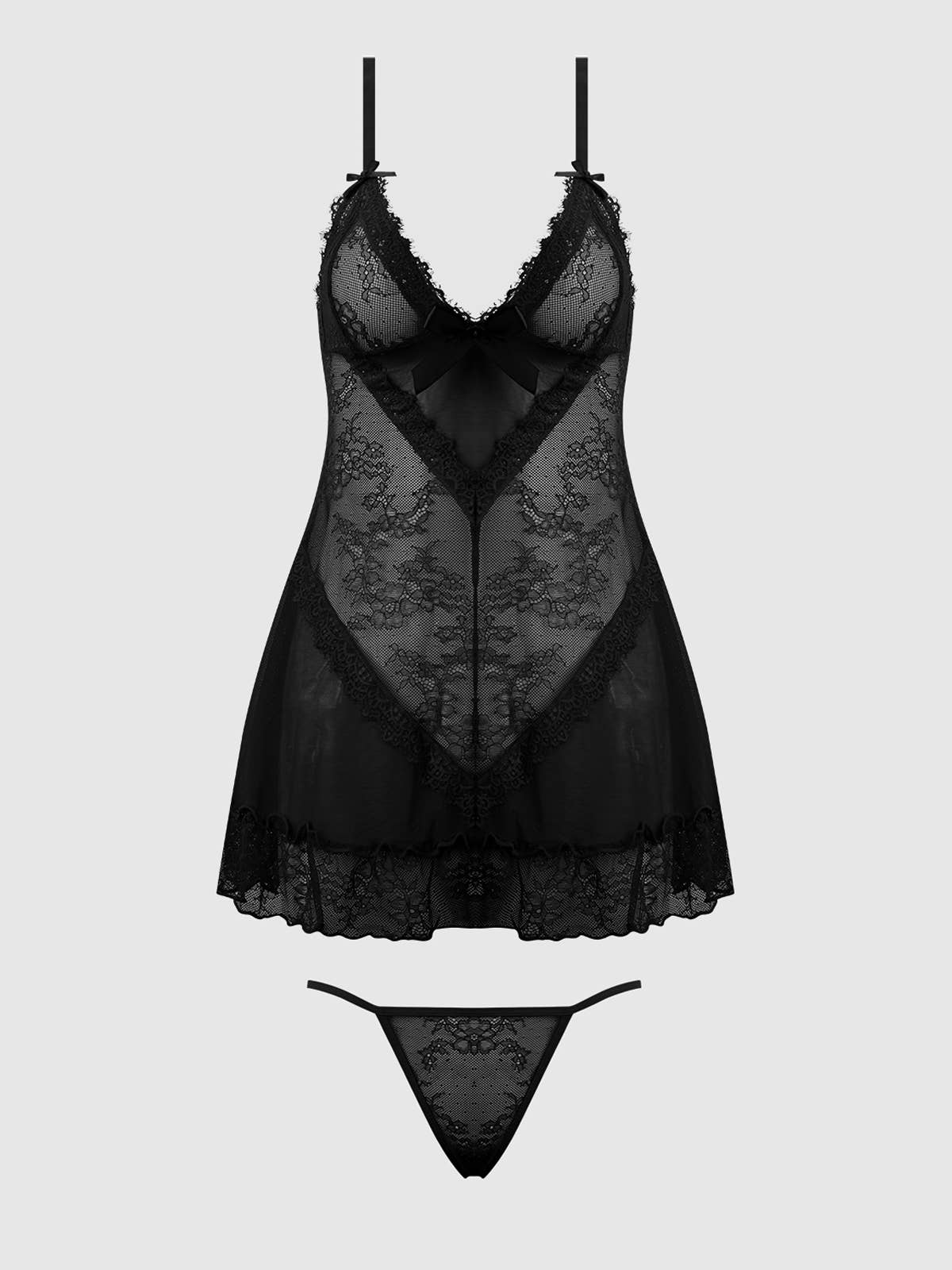 KIKI LACE BABYDOLL & G-STRING SET: BLACK / 1X/2X