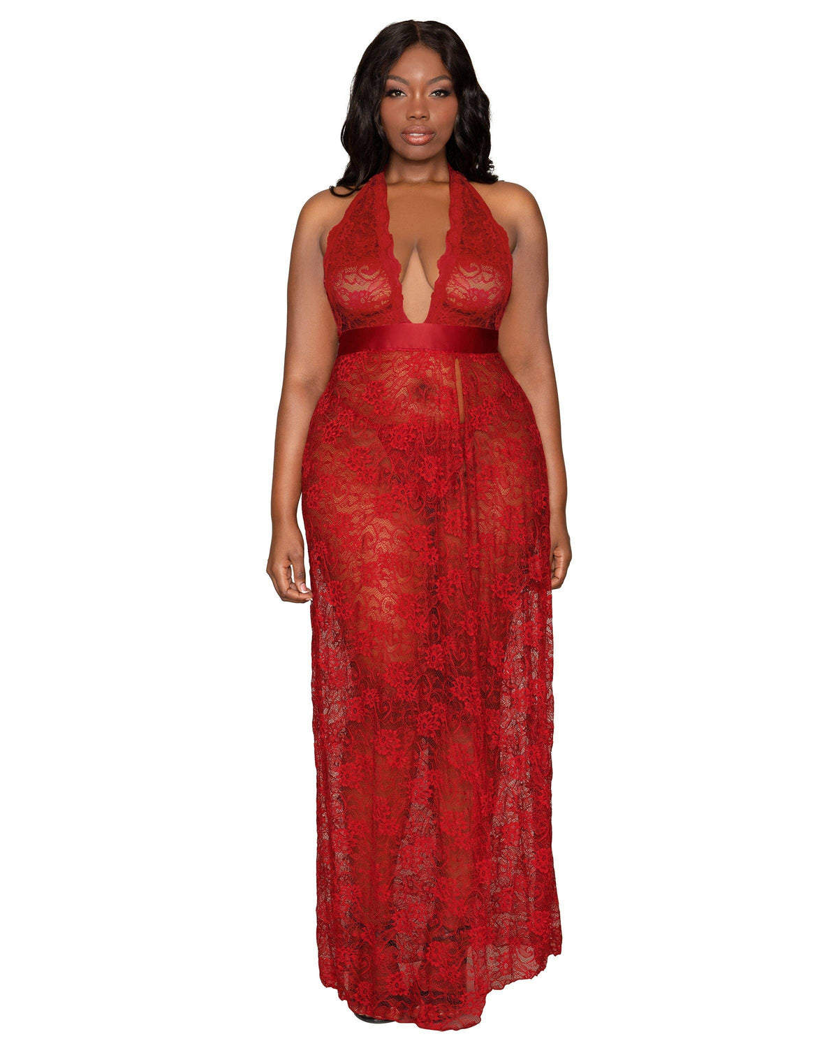 Plus Size Lace Halter Gown Set with Scalloped-Edge Trim & Hi: Garnet / 1X