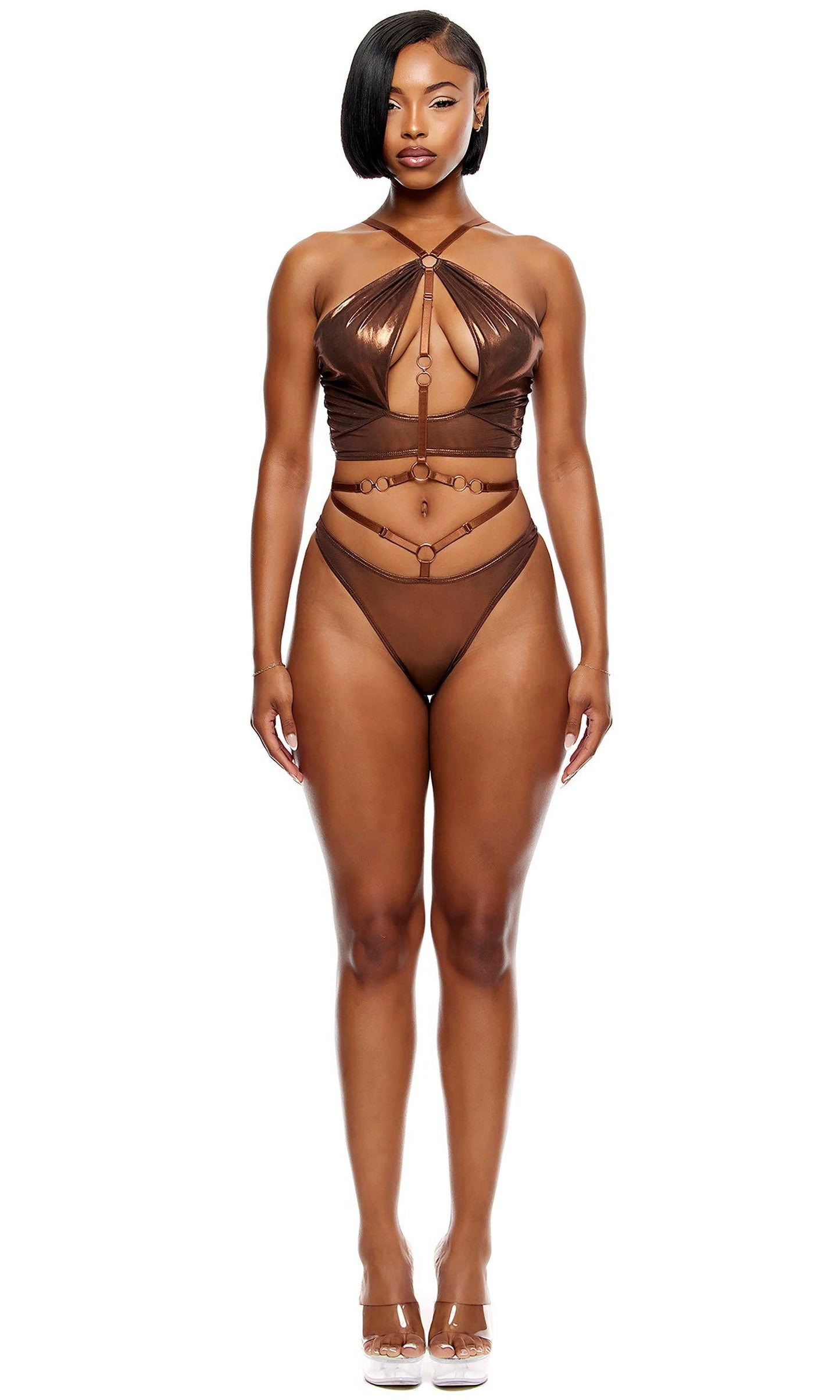 Liquid Metal Metallic Mesh Halterneck Bra Lingerie Set - Copper: Copper / XL