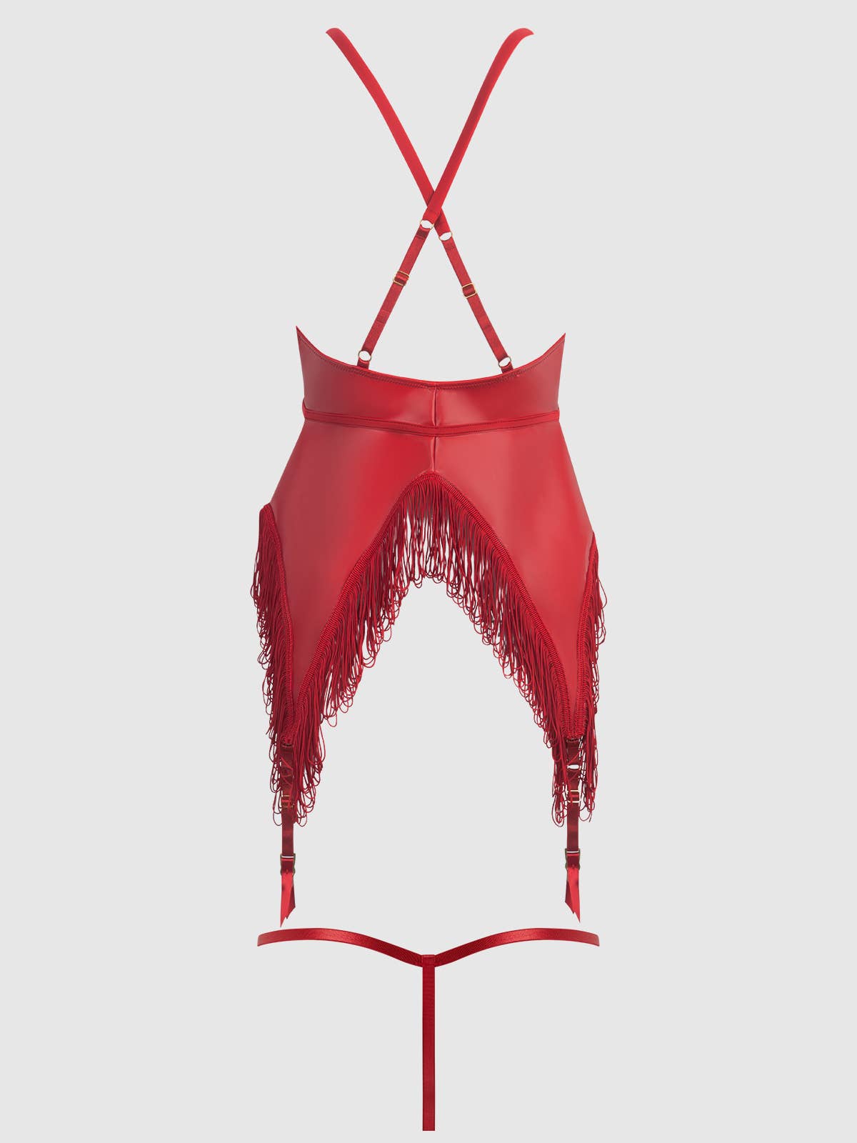 PHOENIX FAUX LEATHER & FRINGE CHEMISE & G-STRING SET: Crimson Red / 1X/2X