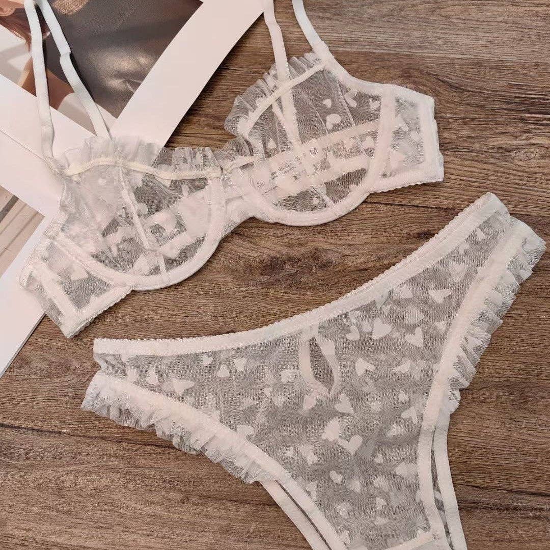 Ladies Heart Embroidery See Through 2PCS Lingerie Set SKLG4065: Pink / XL