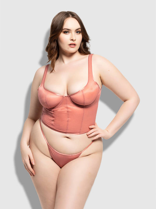 YVONE SHIMMER MESH BUSTIER & G-STRING SET: BRICK DUST / XL