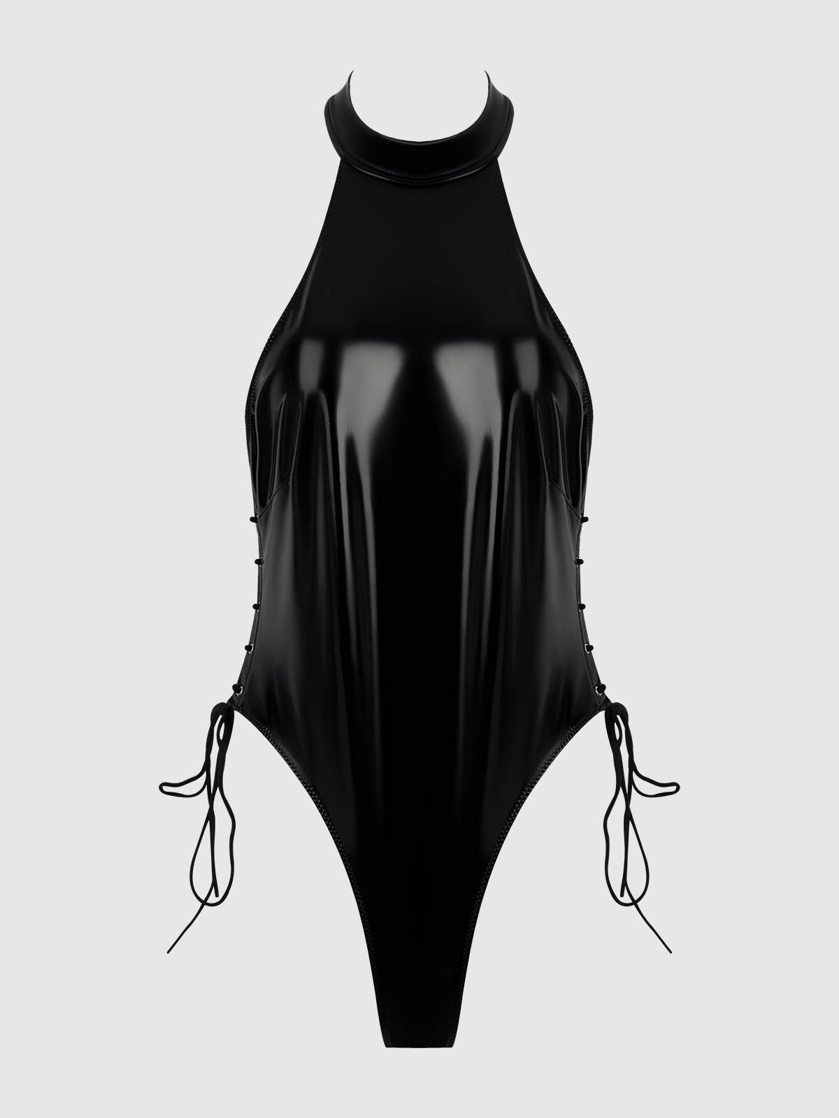 TRINITY PATENT LACE UP HALTER TEDDY: Black / S