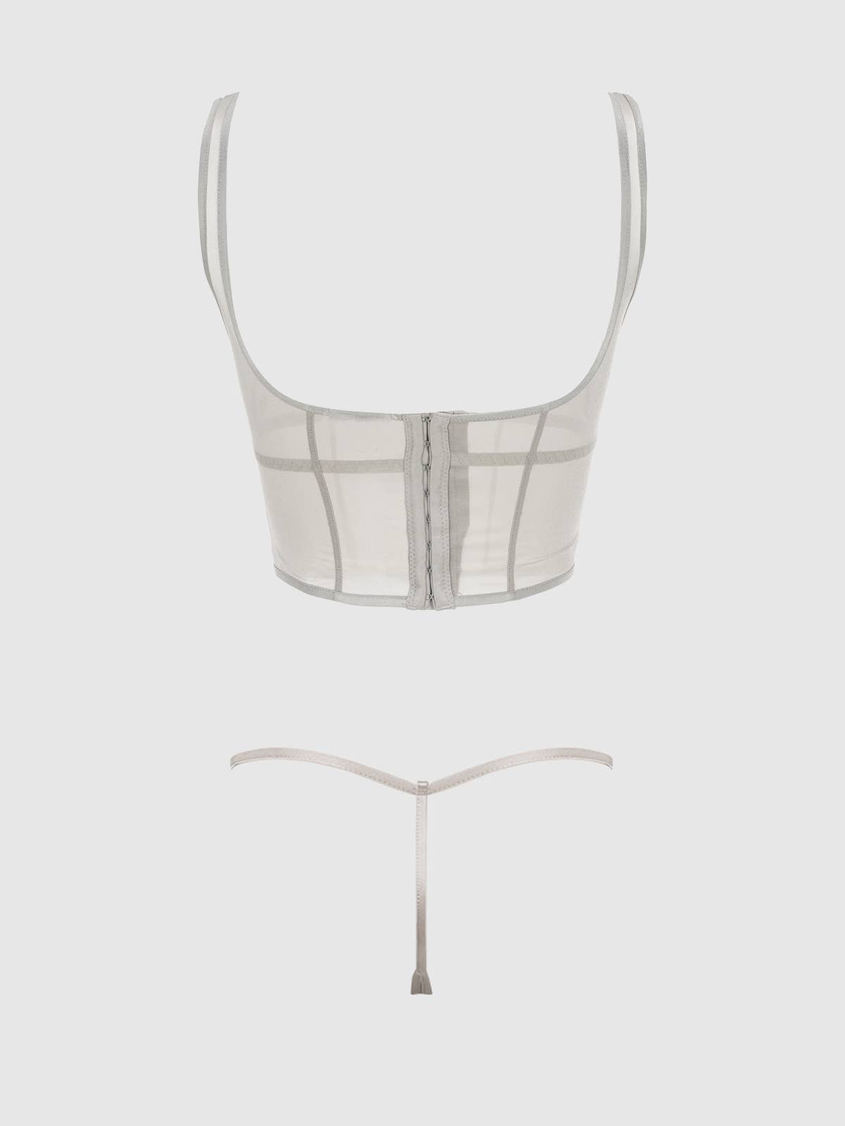 YVONE SHIMMER MESH BUSTIER & G-STRING SET: Silver / L