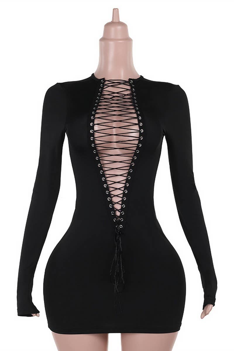 Laced up front lace mini dress