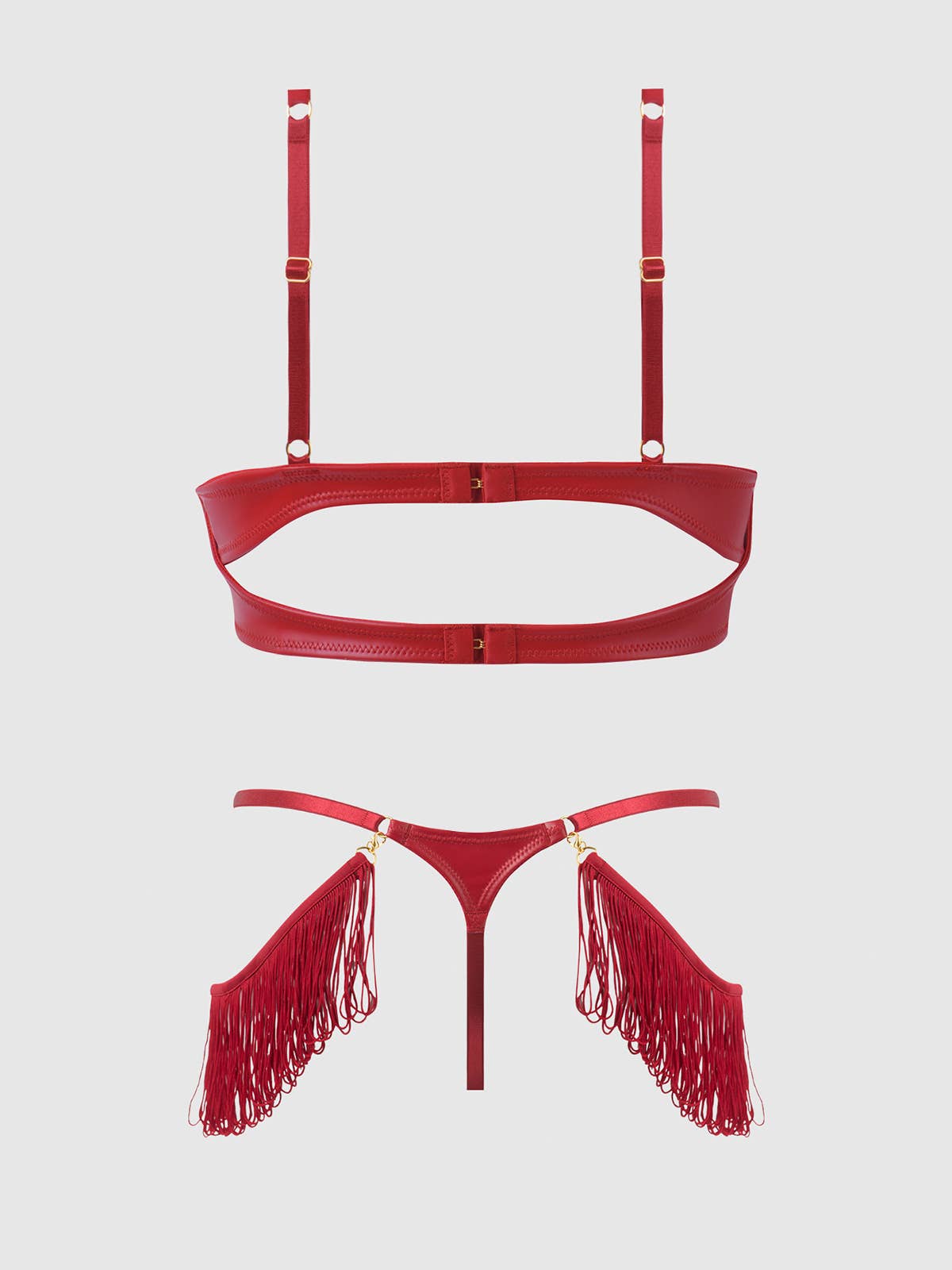 PHOENIX FAUX LEATHER & FRINGE PUSH UP BRA & THONG SET: Crimson Red