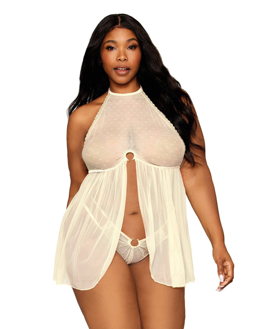 Dreamgirl Plus Size Polkadot and Mesh Babydoll and G-string Set: Daffodil / O/S Queen